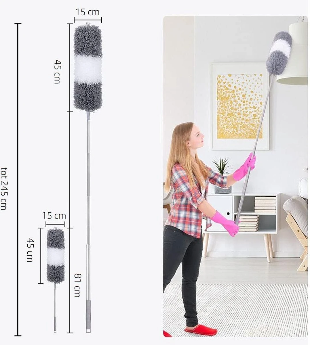 Vannons - Plumeau - Ragebol - Plumeau Uitschuifbaar Tot 245 Cm - Met Telescoopsteel - Wasbaar Microvezel - Grijs Wit 2 Vannons - Plumeau - Ragebol - Plumeau Uitschuifbaar Tot 245 Cm - Met Telescoopsteel - Wasbaar Microvezel - Grijs Wit - Afbeelding 2