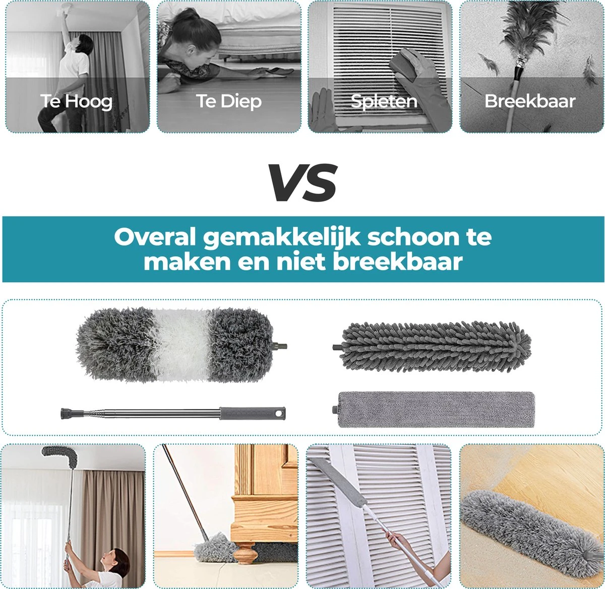 Novabeau® - Telescopische Plumeau – Plumeau Met Telescoopsteel – Ragebol – Uitschuifbaar – Grijs – 3-delige Set 3 Novabeau® - Telescopische Plumeau – Plumeau Met Telescoopsteel – Ragebol – Uitschuifbaar – Grijs – 3-delige Set - Afbeelding 3