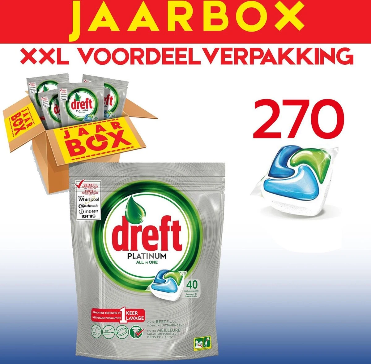 Dreft All In One Platinum - 270 Stuks - Vaatwastabletten - Jaarbox - Voordeelverpakking 3 Dreft All In One Platinum - 270 Stuks - Vaatwastabletten - Jaarbox - Voordeelverpakking - Afbeelding 3