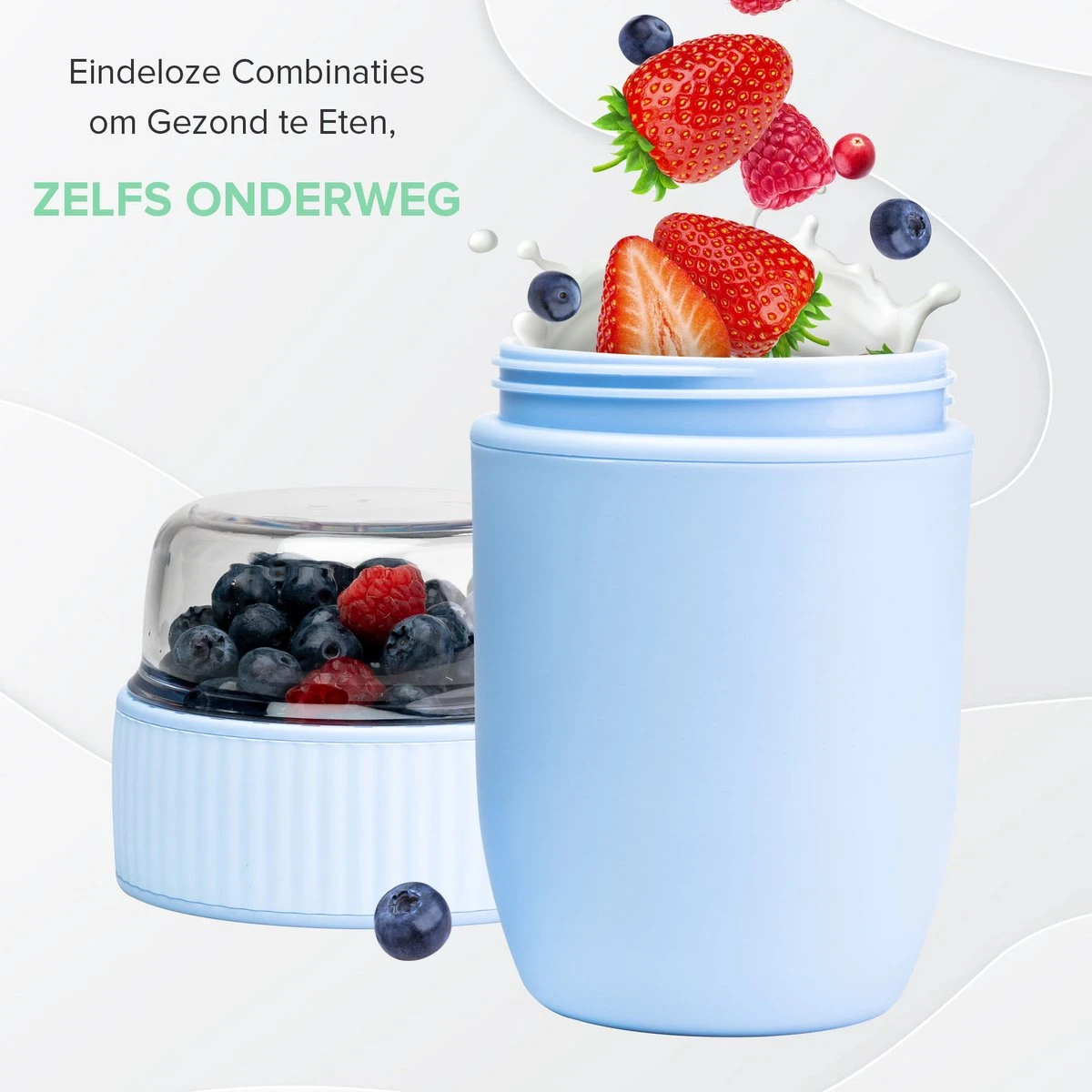 Coninx Yoghurtbeker To Go - Muesli Beker To Go - Lunchbeker - Mueslibeker 640ml ( 450ml+190ml ) - Blauw 10 Coninx Yoghurtbeker To Go - Muesli Beker To Go - Lunchbeker - Mueslibeker 640ml ( 450ml+190ml ) - Blauw - Afbeelding 10