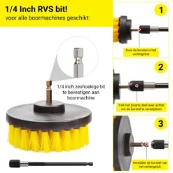 Merkloos 4-delige Borstelset Voor Boormachine - Inclusief Verlengstuk - Opzetborstels - Schrobborstel - Schuurborstel - Schoonmaakborstel - Tapijtreiniger - Brush - Geel - Gratis Verzending -Levensproducten 1200x1200 1397