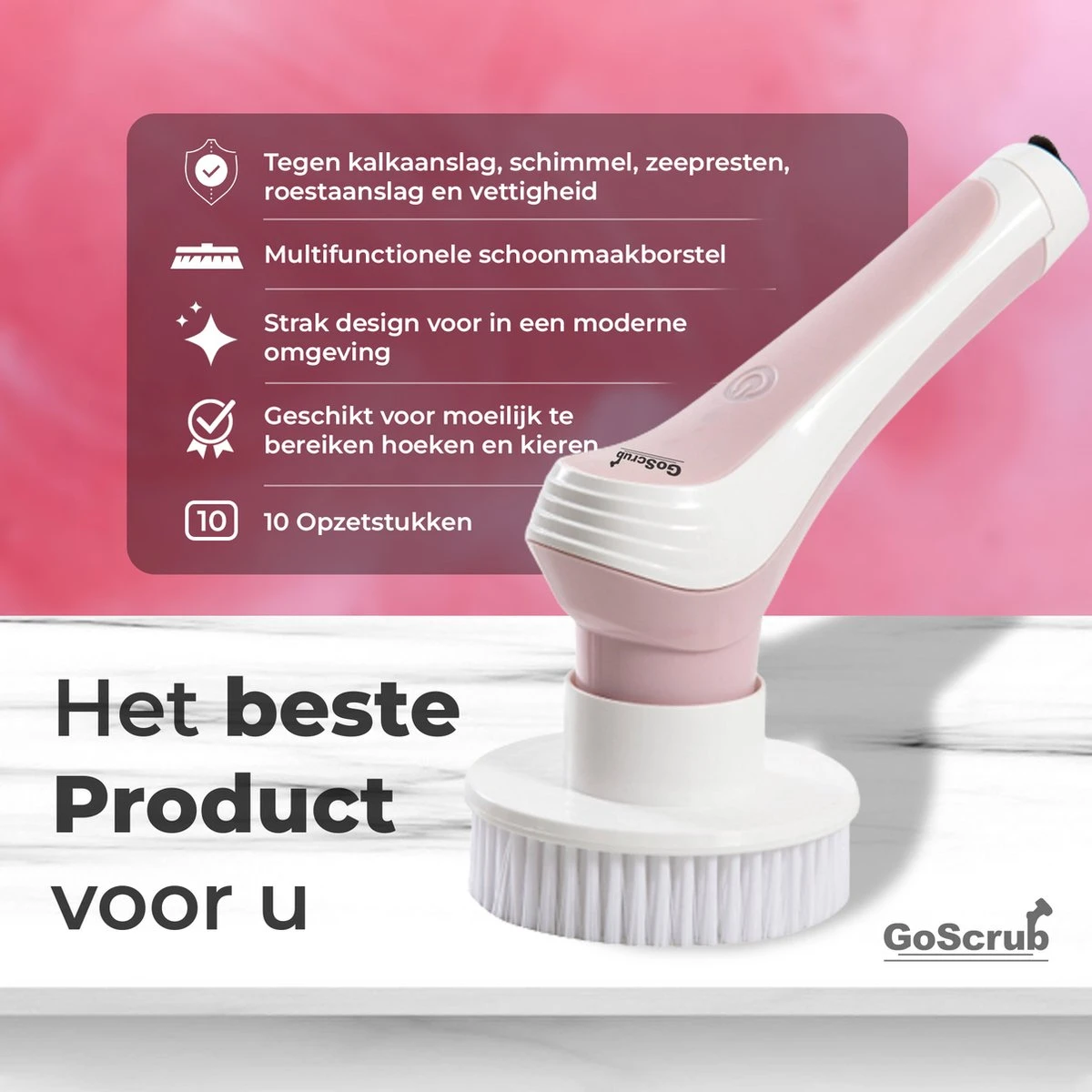 GoScrub® Elektrische Schoonmaakborstel – Elektrische Schrobber - Schrobborstel – Voor Badkamer Of Keuken – Schrobber Met Steel – Luiwagen – Polijstmachine - Roze 3 GoScrub® Elektrische Schoonmaakborstel – Elektrische Schrobber - Schrobborstel – Voor Badkamer Of Keuken – Schrobber Met Steel – Luiwagen – Polijstmachine - Roze - Afbeelding 3