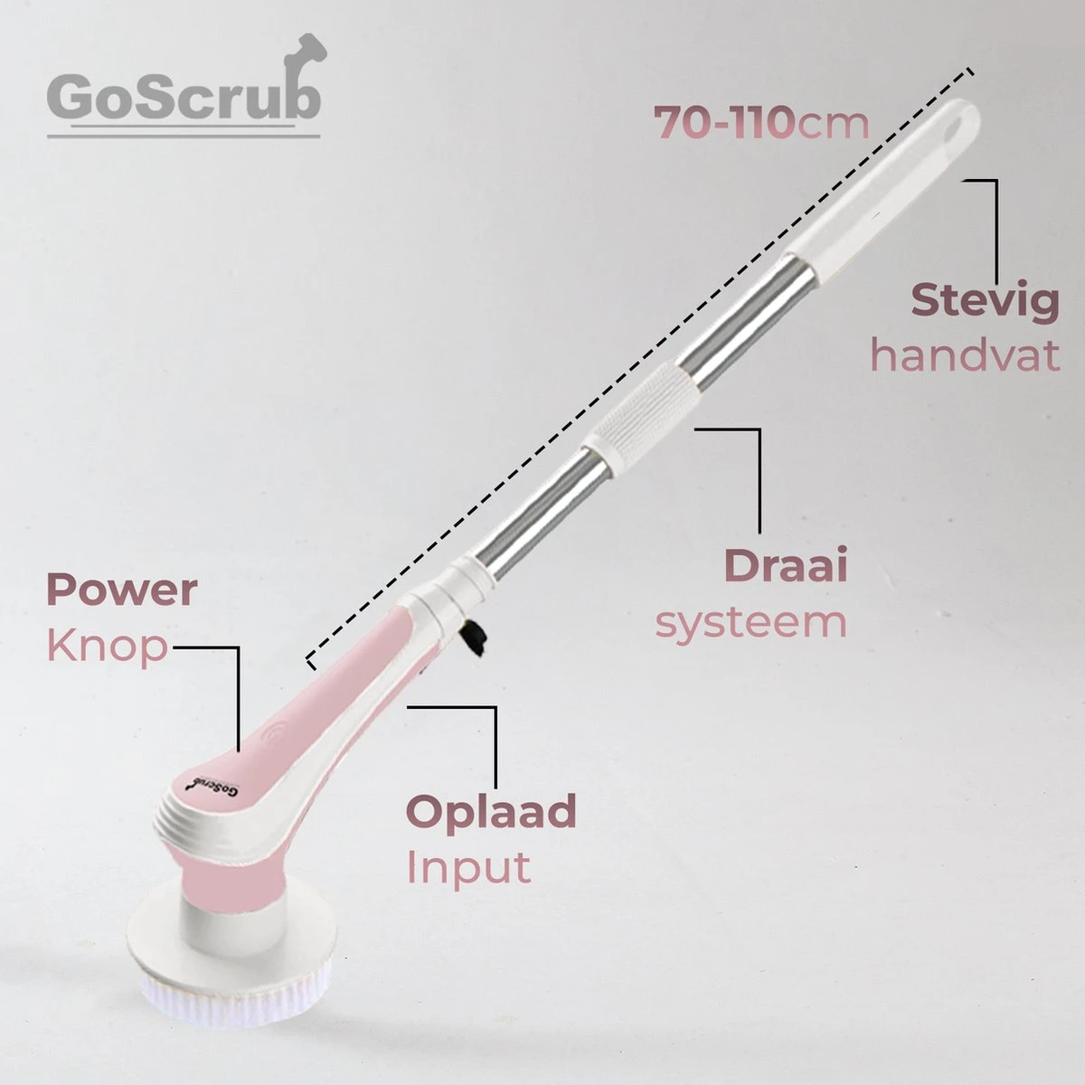 GoScrub® Elektrische Schoonmaakborstel – Elektrische Schrobber - Schrobborstel – Voor Badkamer Of Keuken – Schrobber Met Steel – Luiwagen – Polijstmachine - Roze 6 GoScrub® Elektrische Schoonmaakborstel – Elektrische Schrobber - Schrobborstel – Voor Badkamer Of Keuken – Schrobber Met Steel – Luiwagen – Polijstmachine - Roze - Afbeelding 6